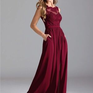 Burgundy Scallop Lace Evening Gown Bridesmaid Low Back Belted Slit Pockets